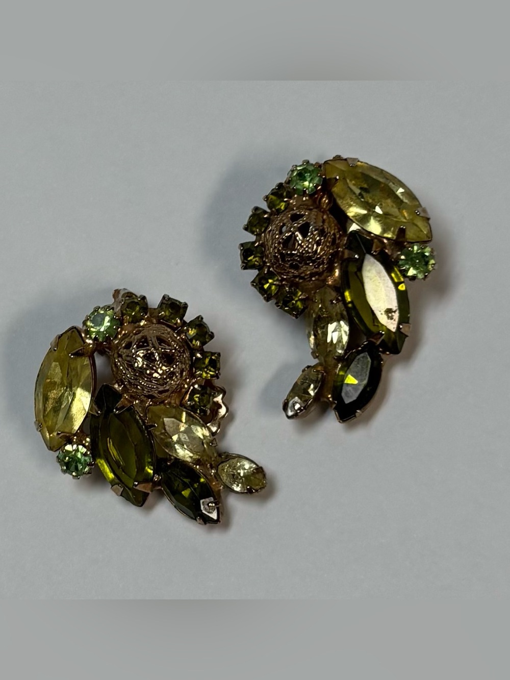 Vintage Gold-Tone and Green Crystal Floral Clip-On Earrings